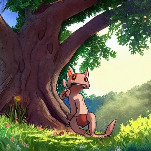 Prompt: A cute kobold is enjoying the sweet summer air under the shade of a great oak tree in summer. Ghibli style character focused artwork.