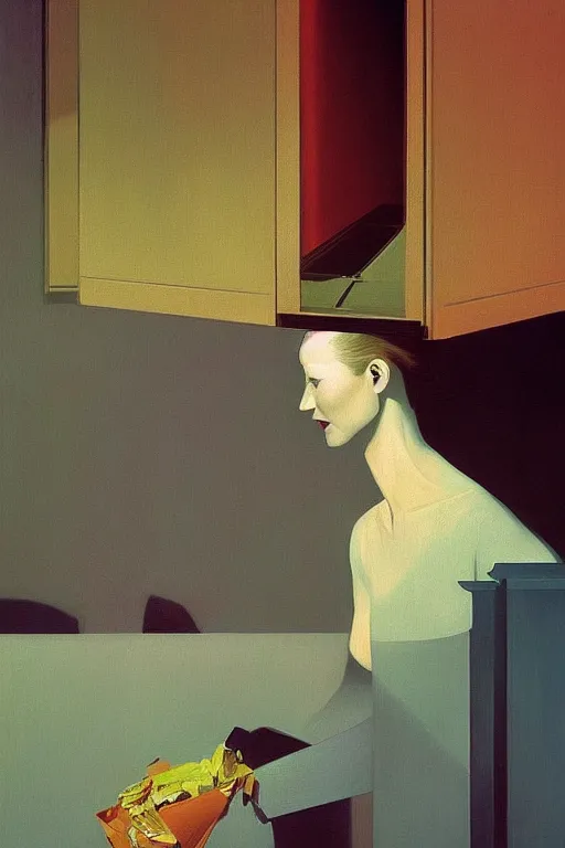 Prompt: woman put the trash bin through her head Edward Hopper and James Gilleard, Zdzislaw Beksisnski, higly detailed