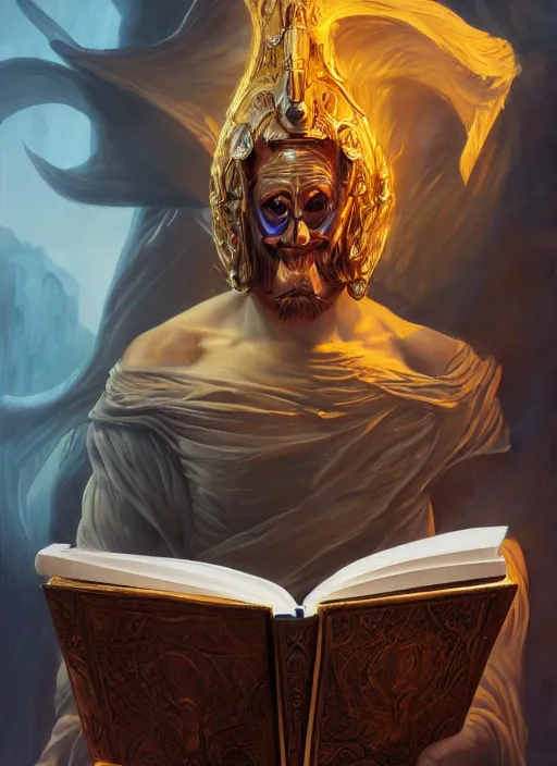 Prompt: Magic Floating Thespian Mask reading a book, no body, bodyless, theater mask, Ivan Aivakovsky, Boris Vallejo, epic fantasy character art, D&D Concept Art, Realistic, Regal, Refined, extremely detailed, Detailed Digital Art, Oil Paining, Exquisite detail, post-processing, masterpiece, Cinematic Lighting, Unreal Engine, 8k, HD, Stanley Artgerm Lau, WLOP, Rossdraws, Frank Frazetta, Andrei Riabovitchev, Marc Simonetti, trending on artstation, flawless