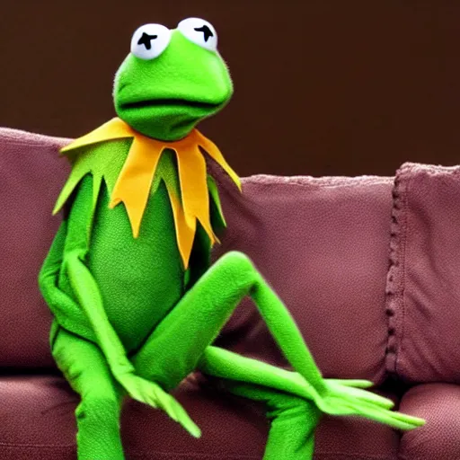 Image similar to candid photo of kermit the frog sitting on the couch hitting a bong, kermit the frog in ted ( 2 0 1 2 ) bong scene, kermit the frog, high resolution photo, trending on artstation, interior design,