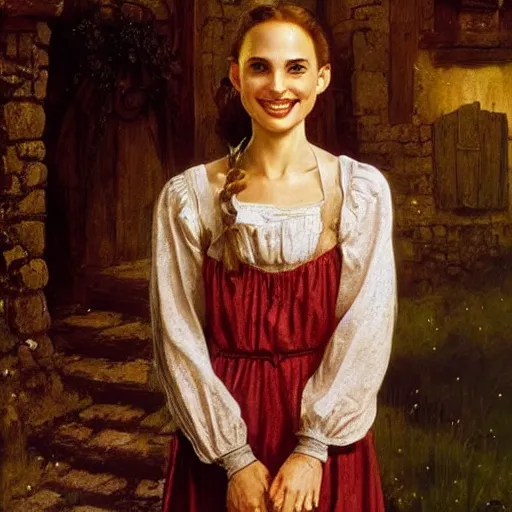 Prompt: young, freckled, curly haired, redhead Natalie Portman as a optimistic!, cheerful, giddy medieval innkeeper in a dark medieval inn. dark shadows, colorful, candle light, law contrasts, fantasy concept art by Jakub Rozalski, Jan Matejko, Leonardo da Vinci and J.Dickenson