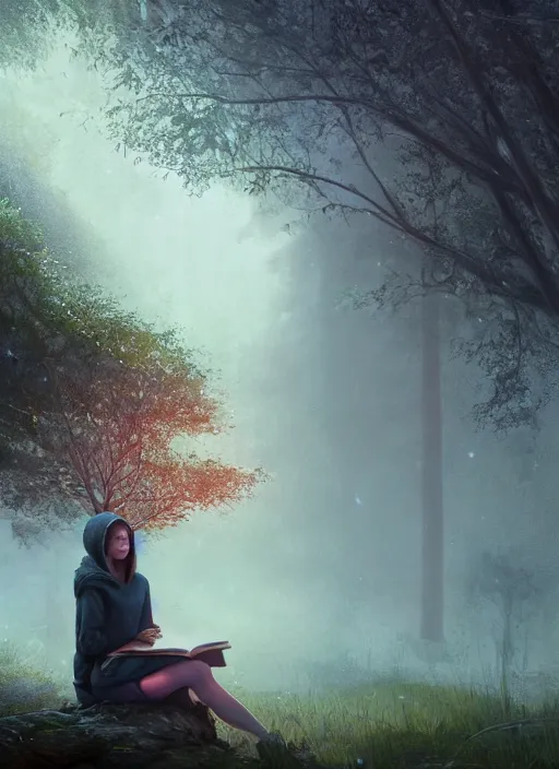 Prompt: portrait, stunningly beautiful girl wearing a hoodie, sits in a mystical misty forest, reading under a tree, fireflies and fairies, dramatic lighting, cinematic, establishing shot, extremly high detail, foto realistic, cinematic lighting, post processed, concept art, artstation, matte painting, style by eddie mendoza, raphael lacoste, alex ross