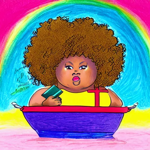 Image similar to a fat girl with a big afro sitting in a boat who is eating crayons