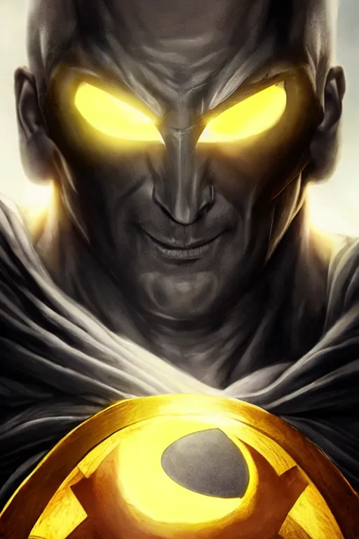 Image similar to characters portrait of Moon Knight mixed with Black Adam by Alyssa Monks, full-shot, merged character, Full body shot, cinematic opening shot, 4k, highly detailed, cinematic lighting