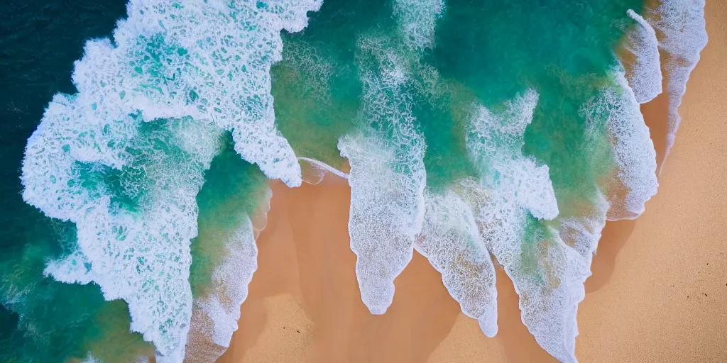 Image similar to arial shot of the beach with waves rolling in, azure blue water, white sand, slight grain