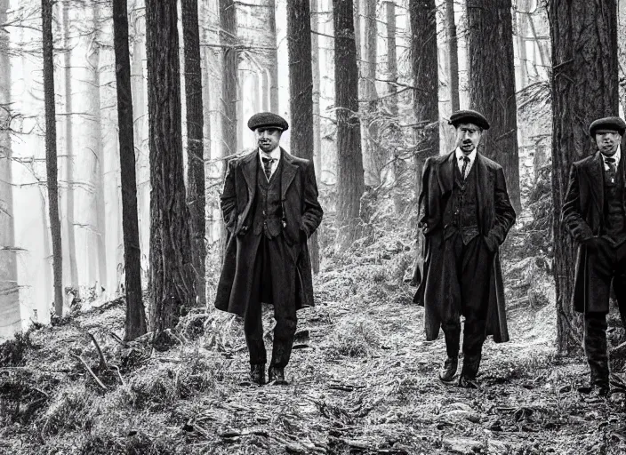 Image similar to a scene from peaky blinders, medium long shot, cillian murphy and tom hardy in a dramatic scene in the woods, sharp eyes, serious expressions, detailed and symmetric faces, black and white, epic photo by talented photographer ansel adams,