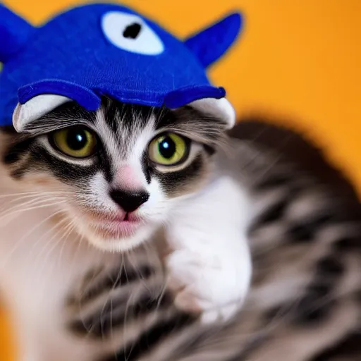Prompt: Kitten wearing waluigi hat