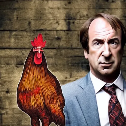 Prompt: saul goodman and a rooster in a medieval torture chamber, scary torture devices in the background, horror movie, saul goodman, rooster, real life photo, detailed face