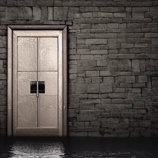 Image similar to photography, 3 d render, monster, open door, water below