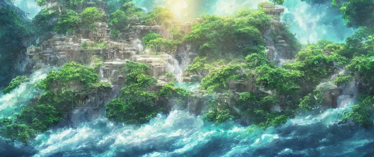 Image similar to a small crumbling island with waterfalls flowing off the island, floating in space, studio ghibli, digital art, detailed, depth of field