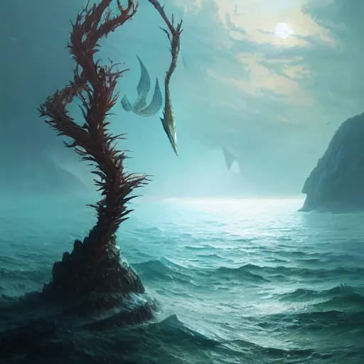 Prompt: a fish as tree, in a sea, by greg rutkowski, trending on art station, highly detailed, magic the gathering, matte painting