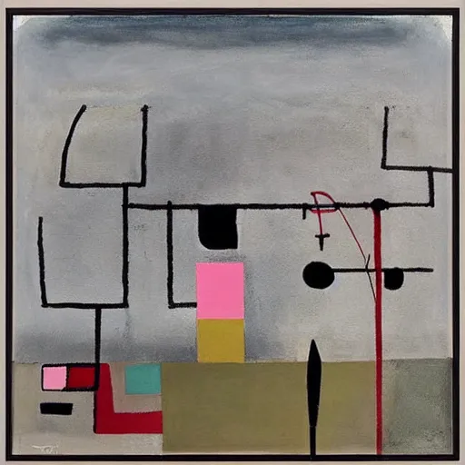 Prompt: “ an acryllic painting dubrovnik, on a pale background, muted palette mostly white, black, gray, dark red, dark blue, pink, evil fisherman, dadaism, dada, mixed media, in the styles of both joan miro and mark rothko ”