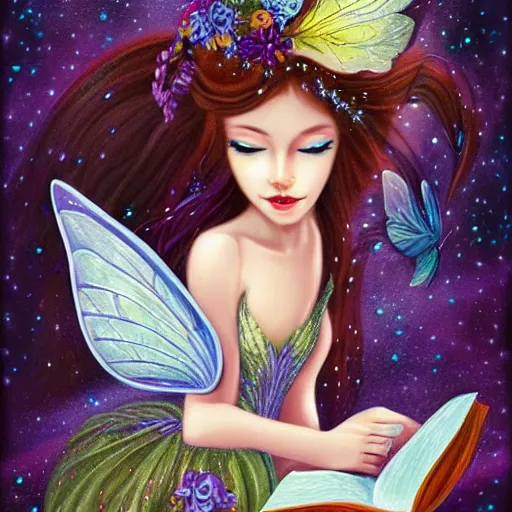 Image similar to a very beautiful fairy with a beautiful detailed face, the fairy flies above a opened book, digital painting, fantasy art