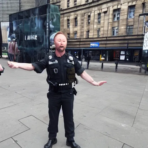 Image similar to Limmy as solid snake ballooning a policeman in Glasgow,