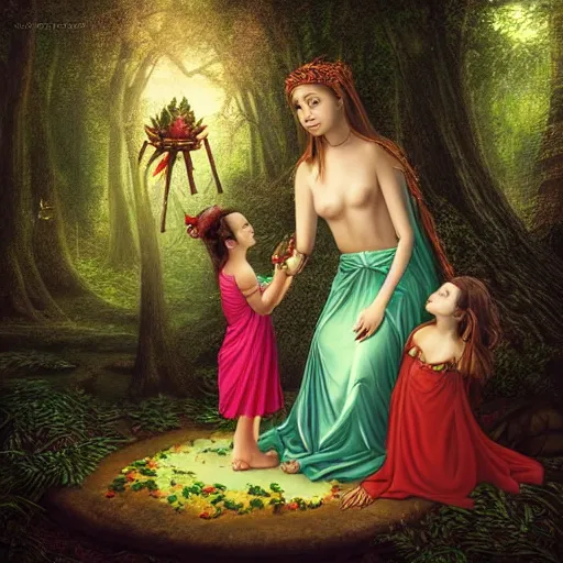 Image similar to “the goddess of love and her daughter making a ritual in a magical forest, sharp focus, detailed, digital art, extra detail, HD, fantasy, 8k”