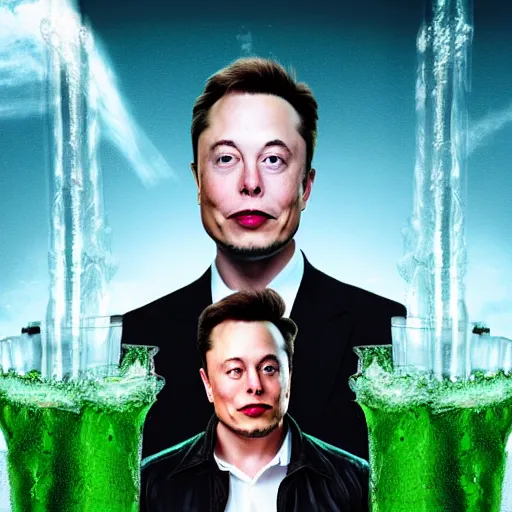 Prompt: Elon Musk's head floats in a large glass full of green liquid