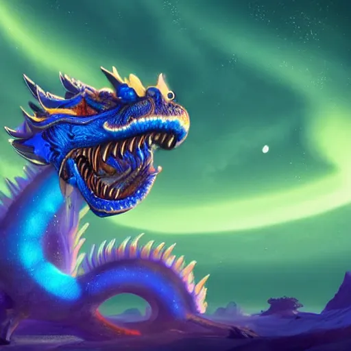 Prompt: a blue chinese dragon on an alien planet with auroras in the background, digital art, trending on artstation