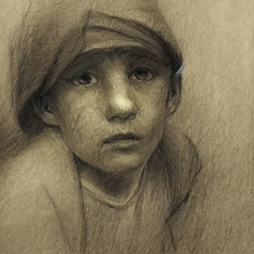 Image similar to portrait drawing of a homeless boy, charcoal, chalk, russian academicism, ilya repin, thomas kennington, dark, mix of hatching and smudging technique, moody, melancholic, hopeless expression, victorian city in the background