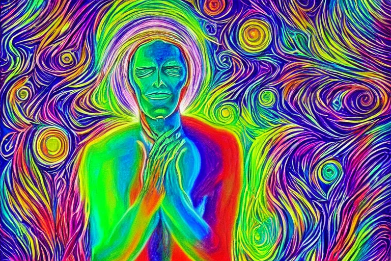 Prompt: digital art of a spiritual man looking up at the stars, glowing light, acrylic art, universe, painting, pastel colors, alex grey,