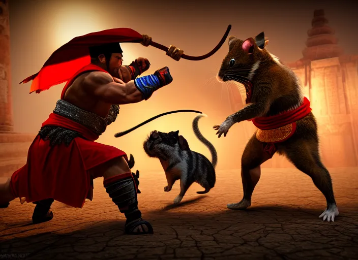 Prompt: hamster dressed as shao khan fights a cat dressed as kung lao in mortal kombat on the background of an ancient temple. fantasy magic style. highly detailed 8 k. intricate. lifelike. soft light. sony a 7 r iv 5 5 mm. unreal engine with nanite and path tracing