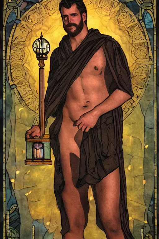 Prompt: tarot card of a shirtless gorgeous beefy cowboy holding a lantern | dark tela robe, dad bod, homoerotic, art deco, art nouveau, | by louis comfort tiffany | trending on artstation