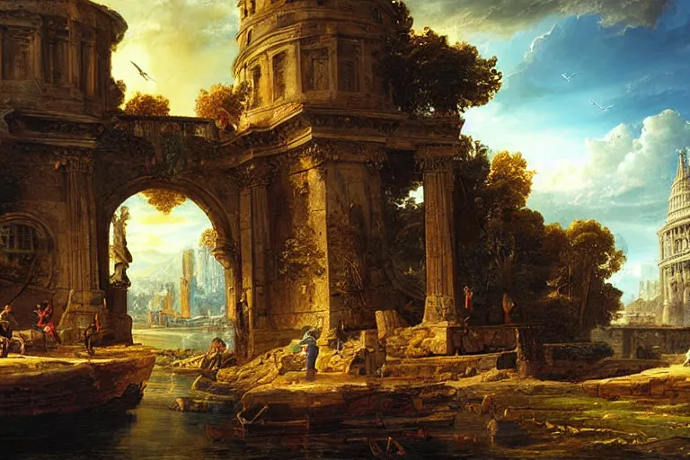 Image similar to beautiful city landscape mythology, fantasy, landscape background, vivid colors, digital painting, very detailed, realistic, high quality, by claude lorrain
