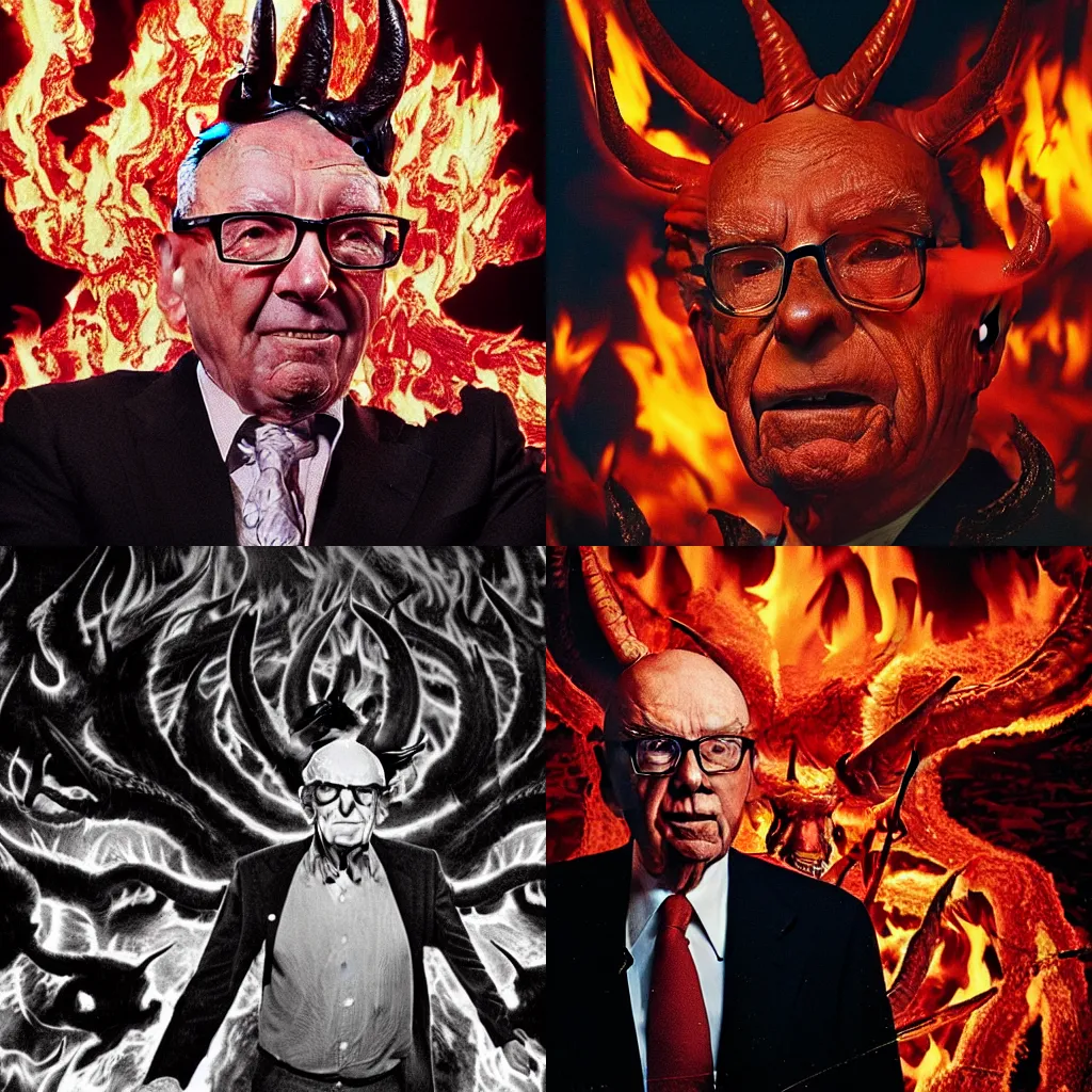 Prompt: portrait photograph of Rupert Murdoch as satan with horns in hell surrounded by huge flames and smoke and fire and lava, by Ron Haviv