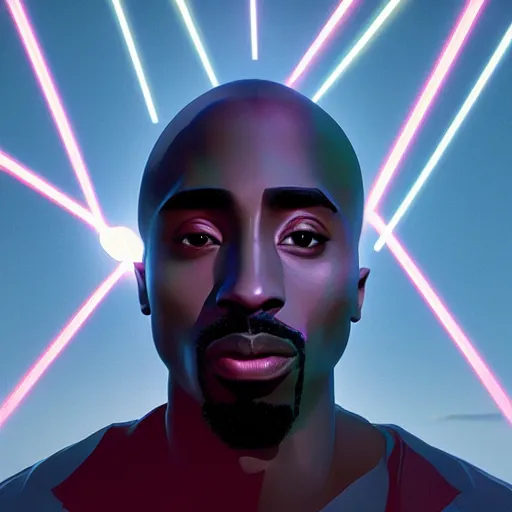 Image similar to giant tupac head shooting lasers from eyes by beeple, art station, perfect lightning, detailed
