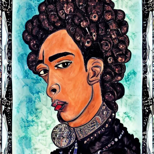 Image similar to hyperdetailed maximalist elaborate half - lenght portrait of a futuristic a beautiful black man, wearing long clothing. rococo architecture, in the style of modigliani and mixed media collage. matte background hd 8 x