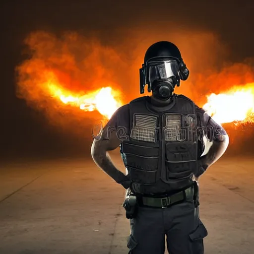 Image similar to portrait of a anti-riot policeman with head on fire , front, centered, riot background, at night ,editorial photography