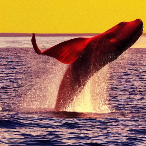 Image similar to red whale swimming in a yellow sea, hyper realistic, hd,