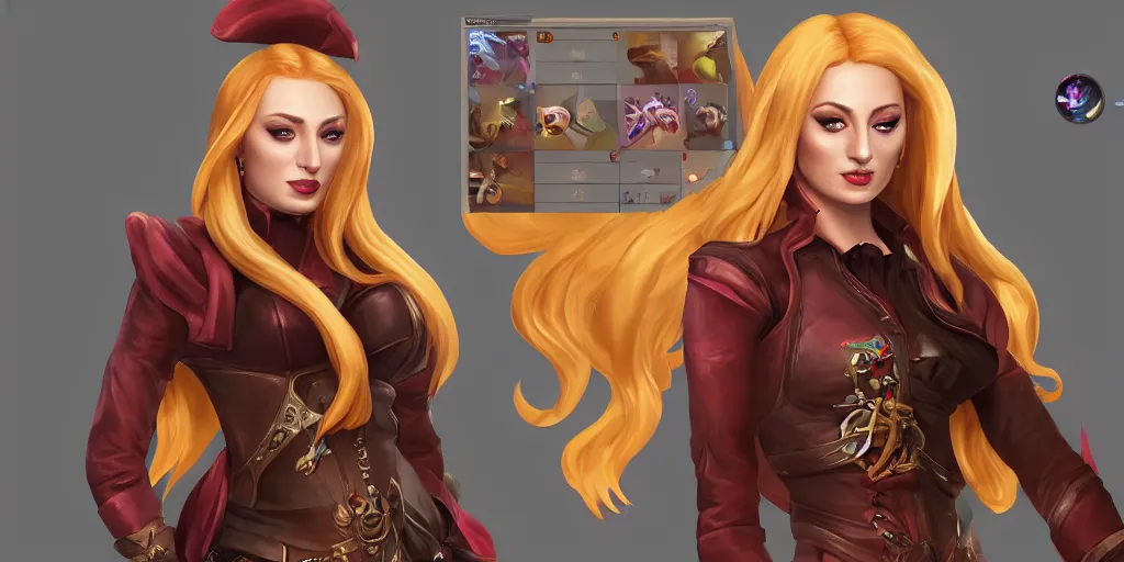 Image similar to character sheet of Sophie Turner dressed as miss fortune as a character in the game League of Legends, with a background based on the game League of Legends, 3d render, octane render, iRay, ray tracing, realistic, highly detailed, trending on artstation, 4k, cgsociety, unreal engine 5, redshift render, blender cycles, behance, cg