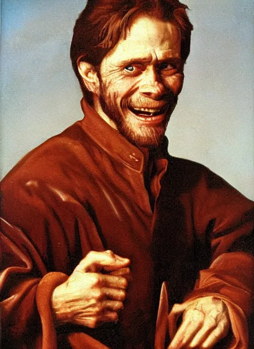 Image similar to portrait painting of willem dafoe with stubble smiling warmly, renaissance oil painting, chiaroscuro