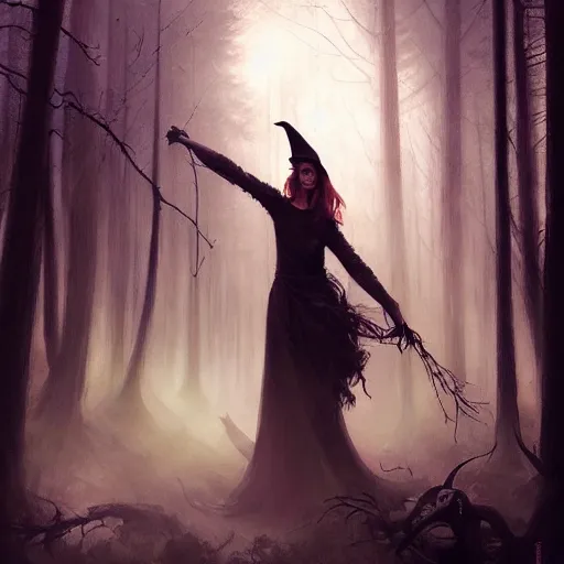 Image similar to witch performing a ritual in a dark forest painted by Raymond Swanland