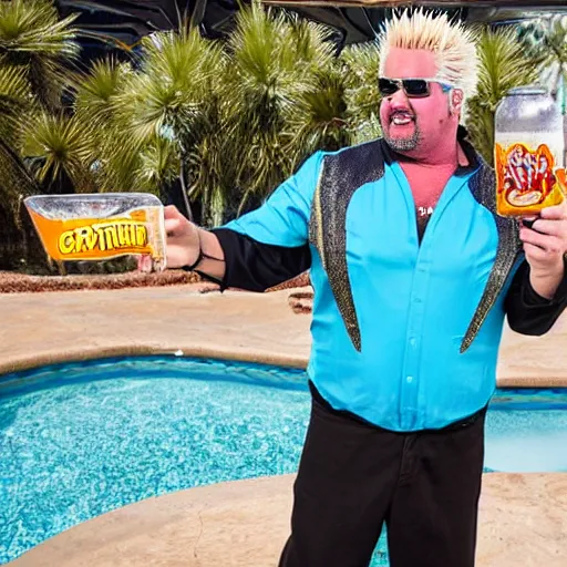 Image similar to guy fieri as thanos drinking a white claw at the pool