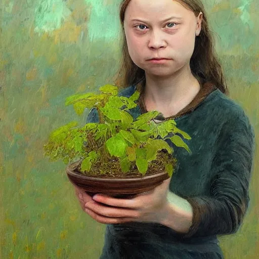 Prompt: Devastated Greta Thunberg holding a green plant and crying, impressionism, barren earth, gloomy colors, brown background, vivid attention to detail, by Greg Rutkowksi and Ilya Repin