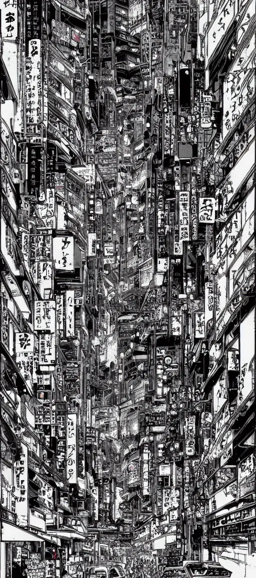 Image similar to beautiful hypercomplex anime drawing of an AKIRA-like cyberpunk city landscape, japan at night, 1980s, by Katsuhiro Otomo, wide angle, grand