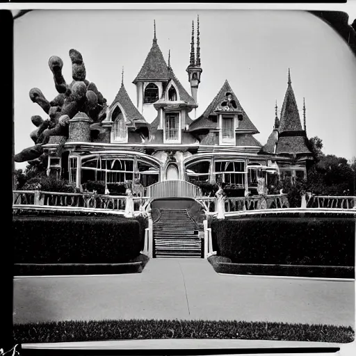 Prompt: diane arbus photo of the haunted mansion at disneyland,