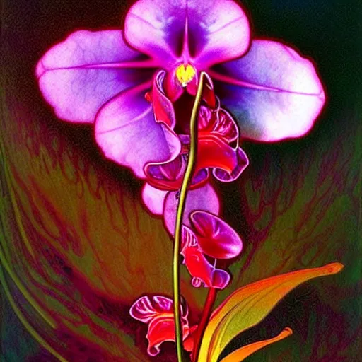Prompt: surreal psychedelic orchid flower hybrid, lsd, diffuse lighting, art by collier, albert aublet, krenz cushart, artem demura, alphonse mucha