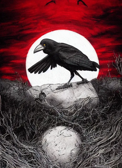 Image similar to portrait, A crow in front of the full big moon, book cover, red white and black colors, establishing shot, extremly high detail, foto realistic, cinematic lighting, pen and ink, intricate line drawings, by Yoshitaka Amano, Ruan Jia, Kentaro Miura, Artgerm, post processed, concept art, artstation, matte painting, style by eddie mendoza, raphael lacoste, alex ross