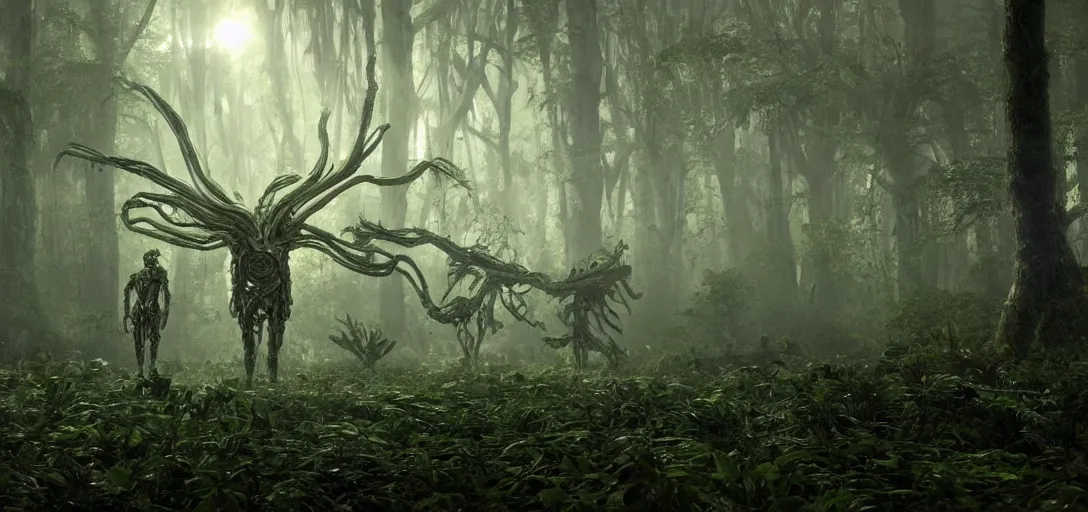 Prompt: a complex organic fractal 3 d metallic symbiotic ceramic humanoid megastructure creature in a swampy lush forest, glowing eyes, foggy, sun rays, cinematic shot, photo still from movie by denis villeneuve, wayne barlowe