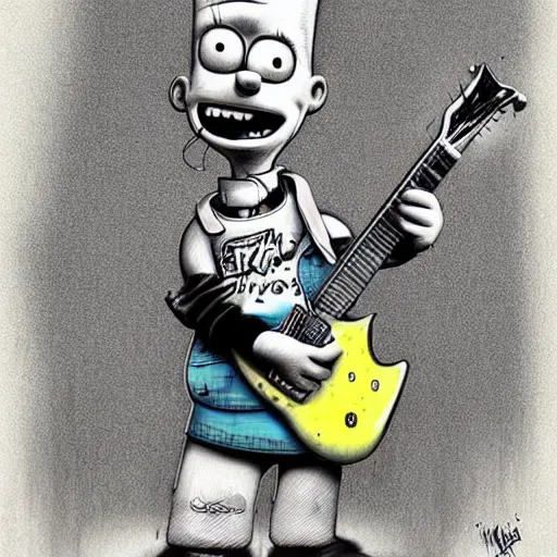 Prompt: surrealism grunge cartoon portrait sketch of bart simpson with a wide smile and a guitar by - michael karcz, loony toons style, the conjuring style, detailed, intricate