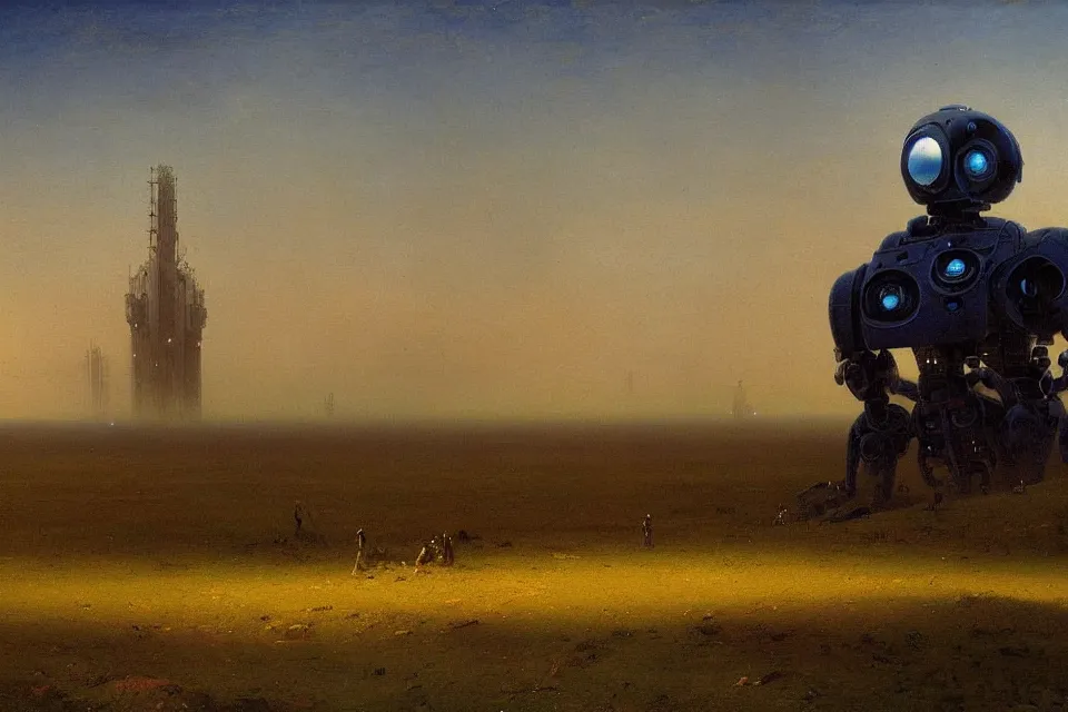 Prompt: sci-fi painting of a nearby large alien city on the vast wheat fields, the closed back view of one humanoid robot on the ground, by Ivan Aivazovsky, godrays, detailed