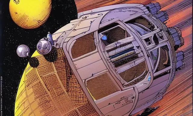 Image similar to spaceship, orbit of mars, michael kaluta