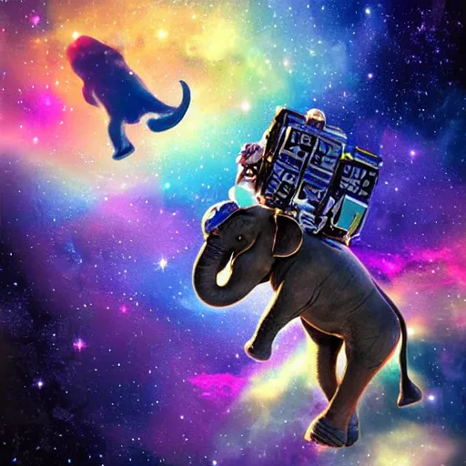 Image similar to astronaut riding an elephant in space, colorful nebula in the background, digital painting,