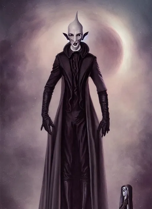 Image similar to a portrait of an extremely gaunt nosferatu esque vampire in a futuristic uniform, art by manuel sanjulian and tom bagshaw