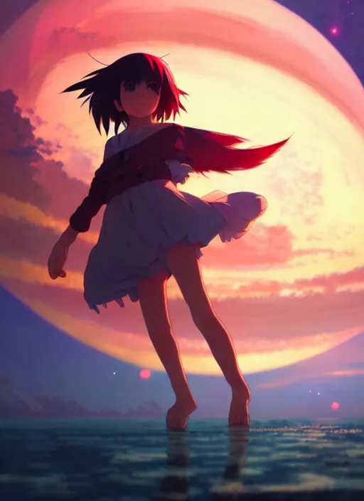 Image similar to anime girl floating against the backdrop of dawn, saturn in the background, illustration, concept art, anime, key visual, trending pixiv fanbox by wlop and greg rutkowski and makoto shinkai and studio ghibli