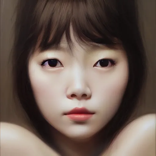 Image similar to perfect, realistic oil painting of close-up japanese girl face, by Sakimichan, by an American professional senior artist, Hollywood concept, dynamic composition and motion, postproduction.