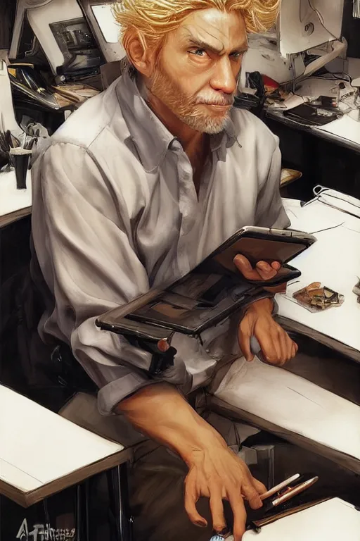 Image similar to painting of a middle aged austrian man with blonde hair sitting at his work desk with ten smartphones turned on, by artgerm and yoshitaka amano, trending on artstation