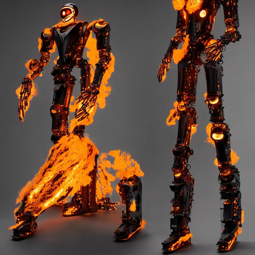 Prompt: single robotic flaming armor ; designed by c. a. k. e., marc newsom, zaha hadid, blond ltd, layer design ; natural materials ; industrial design ; behance ; le manoosh ; pinterest ; if design award ; reddot design award